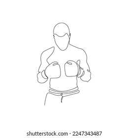 Sporty man boxer. One continuous line drawing. Athlete wearing boxing gloves. Hand drawn vector illustration.