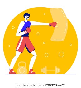 Sporty man in boxing clothes and gloves standing and performing punches in gym on yellow background. Man character taking care of health, leads healthy lifestyle. Vector illustration in flat design