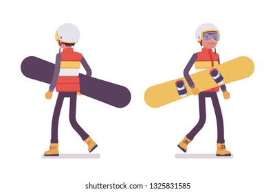 Sporty man carrying snowboard equipment, winter outdoor activities on ski resort. Guy having active holiday, wintertime tourism, fun. Vector flat style cartoon illustration isolated, white background