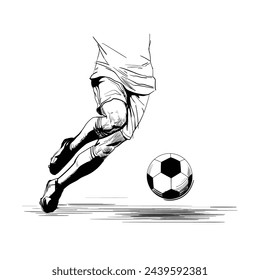 Sporty man in a club uniform plays football. The football player's legs hit the ball. Hand drawn vector sketch. Soccer player Black and white silhouette. Lower body in motion, legs running