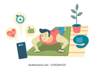 sporty man doing exercise at home with help of mobile application, man doing push-ups and looking at phone. sport, fitness and healthcare concept flat style vector illustration