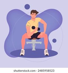 Sporty man doing exercises, weight lifting in gym vector illustration. Man with dumbbell performing fitness exercises. Wellness, sport activities, healthy lifestyle concept