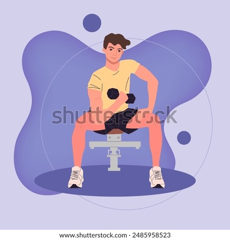 Sporty man doing exercises, weight lifting in gym vector illustration. Man with dumbbell performing fitness exercises. Wellness, sport activities, healthy lifestyle concept