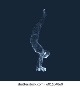 Sporty man doing handstand exercise. Gymnast. 3D model of man. Human body model. Gymnastics activities for icon health and fitness community.