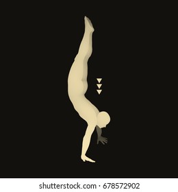 Sporty man doing handstand exercise. Gymnast. 3D human body model. Gymnastics activities for icon health and fitness community. Vector illustration.