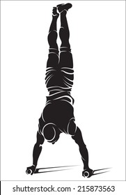 Sporty man doing street workout exercise. Handstand. Vector illustration. 