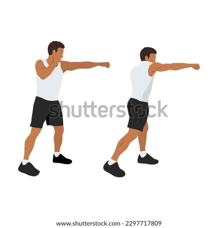 Sporty man during boxing exercise making direct hit. Punching form of boxing exercise. Flat vector illustration isolated on white background
