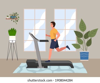 A sporty man is engaged in a hall on the treadmill. Running, playing sports at home. Cardio workout. Exercising in the gym in the morning. Running and fitness indoors. Healthy lifestyle concept