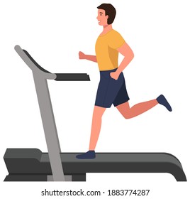 A sporty man is engaged on the treadmill isolated on white. Running, playing sports. Cardio workout. Exercising in the gym in the morning. Running and cardio indoors. Healthy lifestyle concept