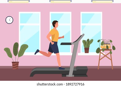 A sporty man is engaged on the treadmill in the gym. Running, playing sports at home. Cardio workout. Exercising in the hall in the morning. Running and fitness indoors. Healthy lifestyle concept