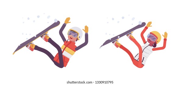 Sporty man falling off in bad technique on ski resort. Wrong snowboarding on active holiday, wintertime tourism. Vector flat style cartoon illustration isolated on white background