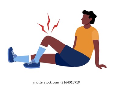 Sporty man football player with leg pain in flat design on white background. Physical injury.