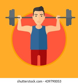 Sporty man lifting a heavy weight barbell. Strong sportsman doing exercise with barbell. Male weightlifter holding a barbell. Vector flat design illustration in the circle isolated on background.