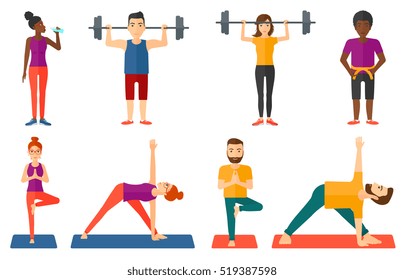 Sporty man lifting a heavy weight barbell. Strong sportsman doing exercise with barbell. Male weightlifter holding a barbell. Set of vector flat design illustrations isolated on white background.