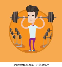 Sporty man lifting a heavy weight barbell. Strong sportsman doing exercise with barbell. Male weightlifter holding a barbell. Vector flat design illustration in the circle isolated on background.