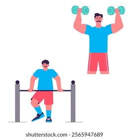 Sporty man with mustache doing exercises on a bar and lifting dumbbells. Cartoon vector illustration in flat art style about sports