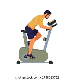Sporty man on exercise bike, isolated on white background. Sports, Workout at home or in gym. Riding indoors sport exercise bicycle. Cardio fitness training equipment. Side view, vector illustration