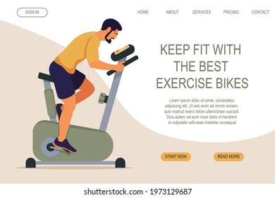 Sporty man on exercise bike. Web page design for sports activities, Active lifestyle. Workout at home or in gym. Cardio workout concept. Vector illustration for poster, banner, placard, website