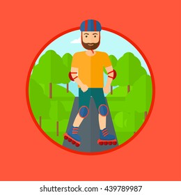 Sporty man on roller-skates in the park. Full length of hipster sportsman in protective sportwear on rollers skating outdoors. Vector flat design illustration in the circle isolated on background.