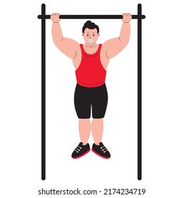 a sporty man pulls himself up on a horizontal bar