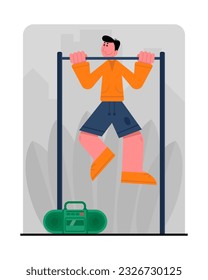 Un hombre deportivo se sube al bar. Personas en entrenamiento de ropa deportiva. Estilo de vida activo y saludable. Actividad física regular. Es hora de hacer ejercicio matutino. Ilustración plana del vector