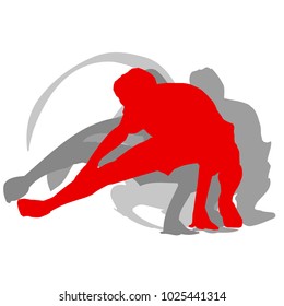 Sporty man in red doing warm up exercise isolated on white background motion concept with shadows