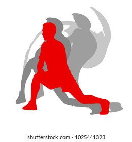 Sporty man in red doing warm up exercise isolated on white background motion concept with shadows