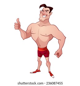 Sporty man in red shorts with a raised finger. Vector clip-art illustration on a white background.