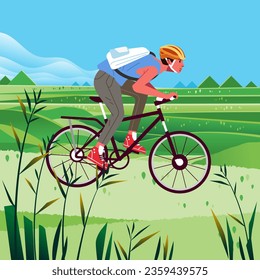 Sporty man ride by bicycle in park outdoor nature hills countryside. Summer scenery landscape with trees and leaves