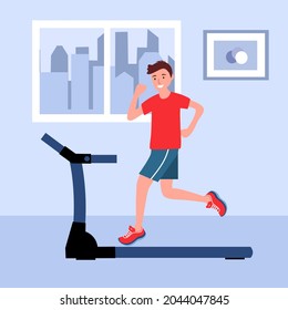 Sporty man running on treadmill at home for a good health. Exercise everyday.