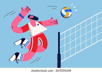Sporty man in sportswear play volleyball throw ball over net in gym. Toned fit male sportsman or athlete engaged in game on sport competition. Athletic physical activity. Flat vector illustration. 