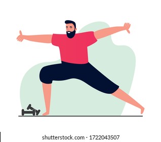 A sporty man stands in a yoga pose in the gym in a t-shirt and leggings. Fitness stretching. Illustrations in the style of comics about a healthy and active lifestyle