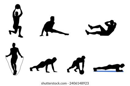 Sporty man stretching and warm-up doing special exercises for muscles, doing side plank, man stretching silhouette