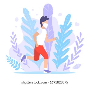 A sporty man walks in a mask. Vector flat style illustration of quarantine and isolation. A guy in sportswear and a jogging mask. Pandemic, Coronovirus Epidemic, Covid-19. Exercise in the fresh air.