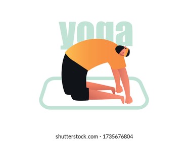 A sporty man wearing a t-shirt and leggings bends his back in the gym. Fitness stretching for the back. Illustrations in the style of comics active lifestyle
