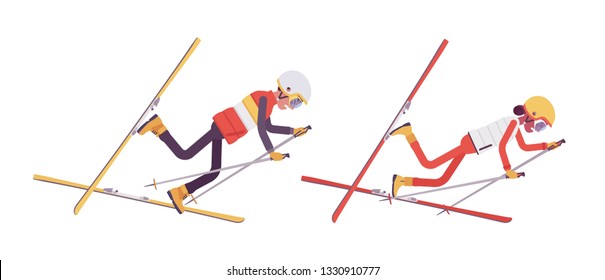 Sporty man and woman falling off in bad technique on ski resort. Wrong skiing on active holiday, wintertime tourism. Vector flat style cartoon illustration isolated on white background