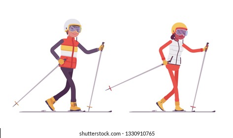 Sporty man and woman skiing, enjoy winter outdoor activities on ski resort, having active holiday, wintertime tourism and recreation. Vector flat style cartoon illustration isolated, white background