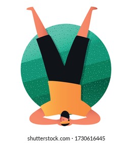 A sporty man in a yoga pose, standing on his head with his legs raised. Asanas Of Shirshasana. Balance and body training. Illustration of an active lifestyle