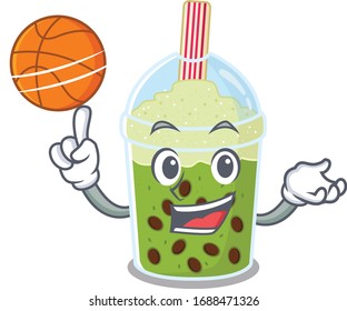 A sporty matcha bubble tea cartoon mascot design playing basketball