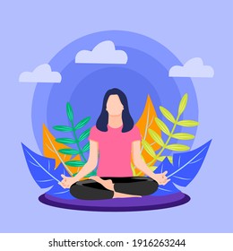 Sporty Meditation Concept
  Woman.  Stock vector illustration of flat design