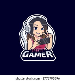 Sporty mobile gamer streamer girl logo mascot