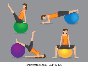 Sporty modern woman using gym ball for workout in exercise program. Set of four vector characters isolated on grey background.
