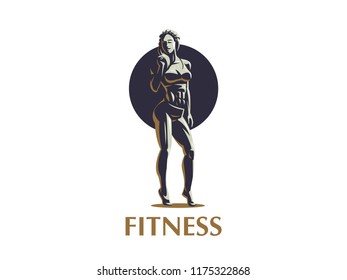 Sporty muscular woman fitness emblem. Vector illustration.