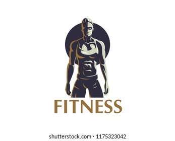 Sporty muscular woman fitness emblem. Vector illustration.