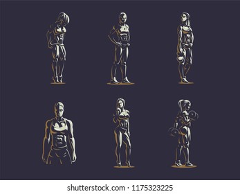 Sporty muscular woman fitness emblem. Set of Vector illustration.