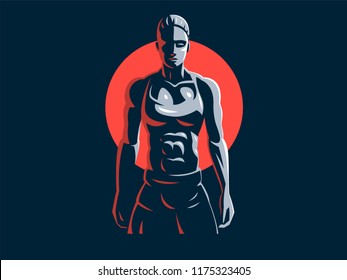 Sporty muscular woman fitness emblem. Vector illustration.