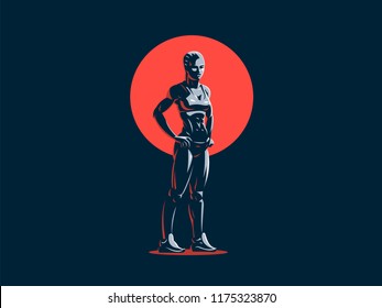 Sporty muscular woman fitness emblem. Vector illustration.