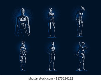 Sporty muscular woman fitness emblem. Set of Vector illustration.