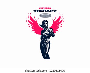 Sporty muscular woman fitness emblem. Vector illustration.