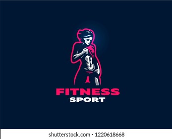 Sporty muscular woman fitness emblem. Vector illustration.